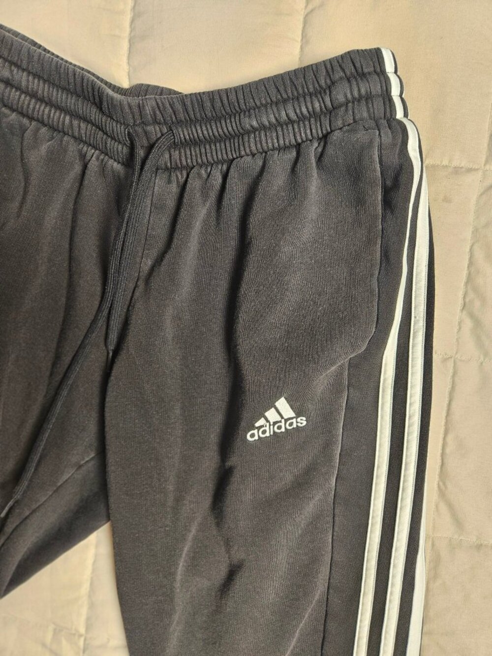 Adidas Sweatpants Joggers Black White 3 Stripe Mens L Drawstring Cuffed